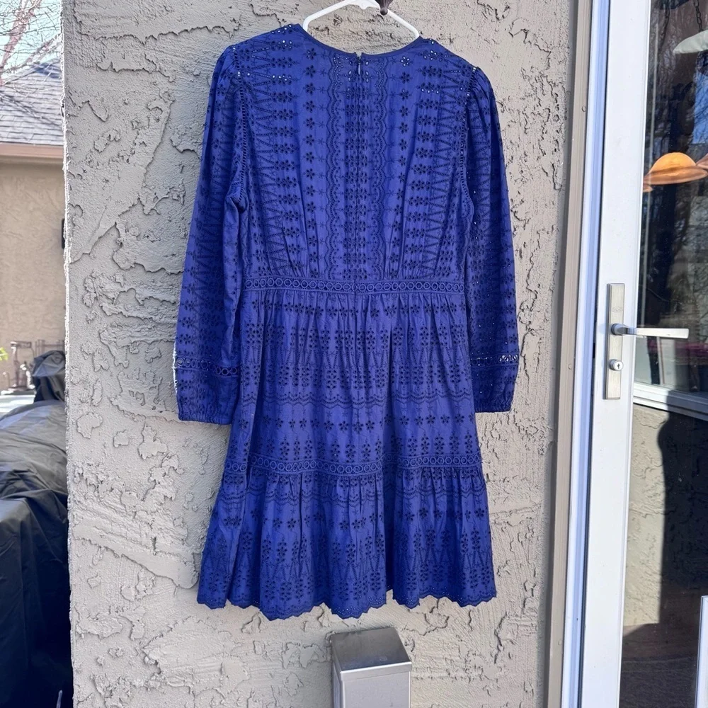 J.Crew navy blue eyelet long-sleeve flutter hem dress 100% cotton